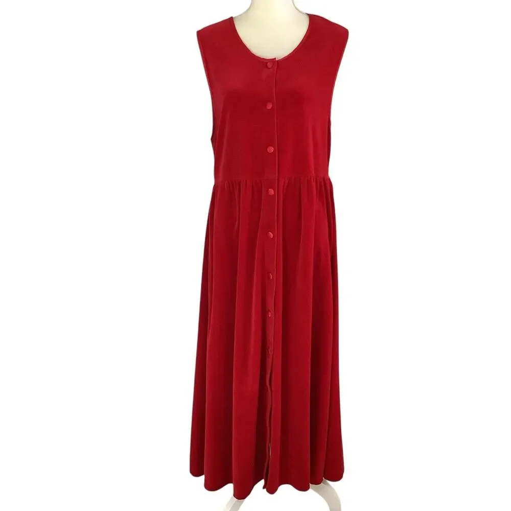 Vintage Red Velvet Midi Maxi Dress L Button Front Pleated A Line Holiday 80s 90s